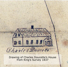 Drawing of Charles Doucette's house on Doucette Land Grant from Kings's Survey, 1837. This house still exists and is one of the oldest heritage homes in Bathurst.